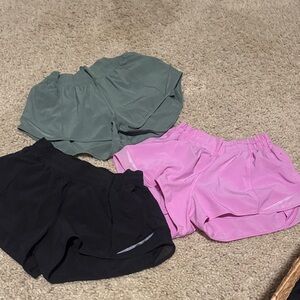 lululemon hotty hot shorts all size 6 and 2.5 inch- Black, Pink, Green